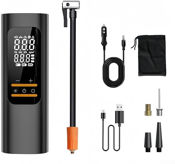 Portable Wireless Tire Inflator with Dual LCD Display and USB-C Charging, Fast 25L/min Airflow, Auto-Stop Function, LED Light, Compatible with Car, Motorcycle,