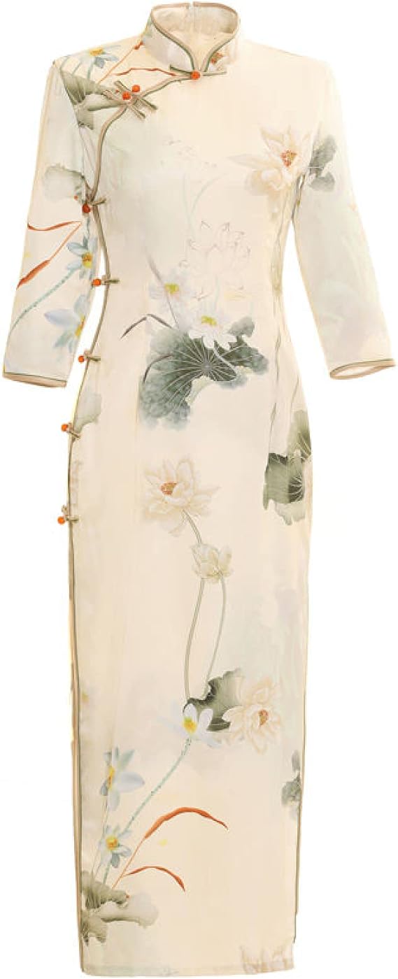 CBROOT Women'S Cheongsam Dress -Modern Long Sleeve Qipao Slim Cheongsam Women Chinese Dress Retro Orientale Clothing Vintage Traditional Elegant China Style Clothes