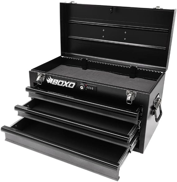 Boxo USA 3-Drawer Hand Carry Toolbox Heavy Duty 20-Gauge Steel Portable Tool Box with Ball Bearing Drawers, Dual Key & Combination Lock, Powder-Coated Finish (Black)
