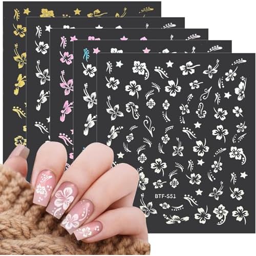MUIIGOOD Flower Nail Stickers 5 Sheets Hibiscus Nail Decals White Pink Golden Clear Silver Decals Nail Art Decorations Nail Decals Nail Art Supplies Nail Designs for Women Manicure Tips