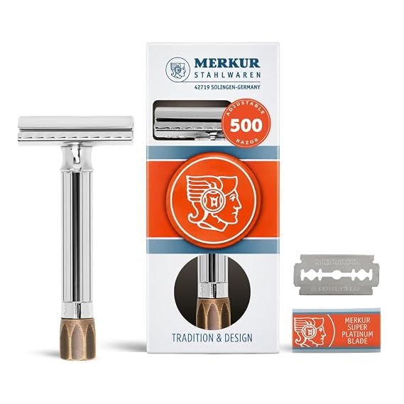 MERKUR Adjustable Safety Razor 500C - Antique, Shiny Chrome/Brass, Two-Piece Premium Razor with Straight Cut, Ideal for Wet Shaving, Die-Cast Zinc, Brass Handle, Made in Germany