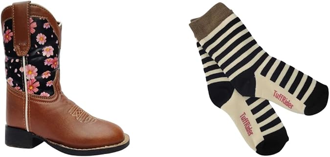 TuffRider Children's Pinnacles Square Toe Western Boot- Brown Floral-With Free Assorted Striped Socks