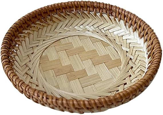 Handwoven Bamboo Serving Tray, Decorative Flat Basket for Fruits and Snacks