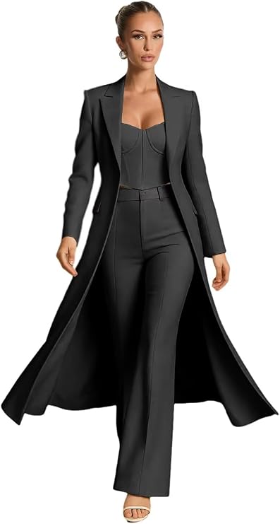 Business Casual V Neck Womens Suit 3 Piece Long Blazer Vest Pants