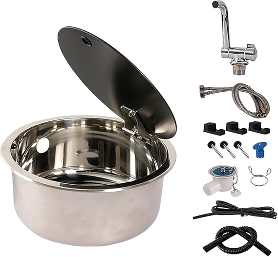 Small RV Sink, Stainless Steel Kitchen Sink, Campervan Sink Kit with Folding Faucet and Lid, Camper Accessories(Size:Round)