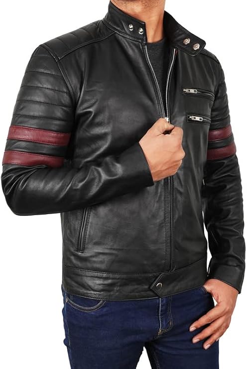 Black Retro Motorcycle Biker Leather Jacket Men - Casual Stylish Classic Leather Moto Jacket with Red Stripes