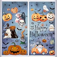 102 PCS Halloween Window Cling Sticker, 8 Sheets Halloween Vintage Ghost Evil Pumpkin Bat Reusable Window Decals for Indoor School Home Office Party Decor