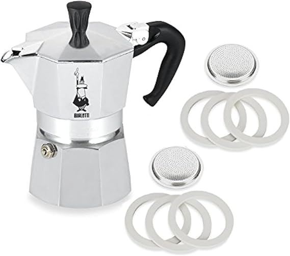 Bialetti Moka Express #06799 3-Cup Espresso Maker Machine and #06960 Bialetti, Six Replacement Gaskets and Two Bialetti Replacement Filter Plates Bundle