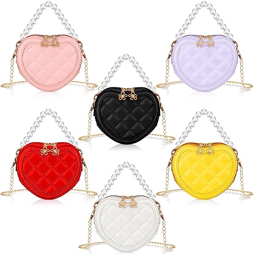Sweetude 6 Pcs Little Girl Purse Small Heart Crossbody Bag Cute Mini Purse with Pearl Handle for Girls Womens Day Bridesmaid Crossbody BagClassic, Heart