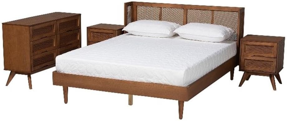 Baxton Studio Rina Ash Walnut Wood 4-Piece Full Size Bedroom Set with Rattan
