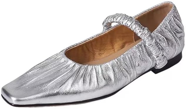 Wrinkled Leather Mary Jane Flats for Women Pointed Toe Ballet Flats Stretch Band Slip On Dress Ballerina Flats Shallow Casual Shoes
