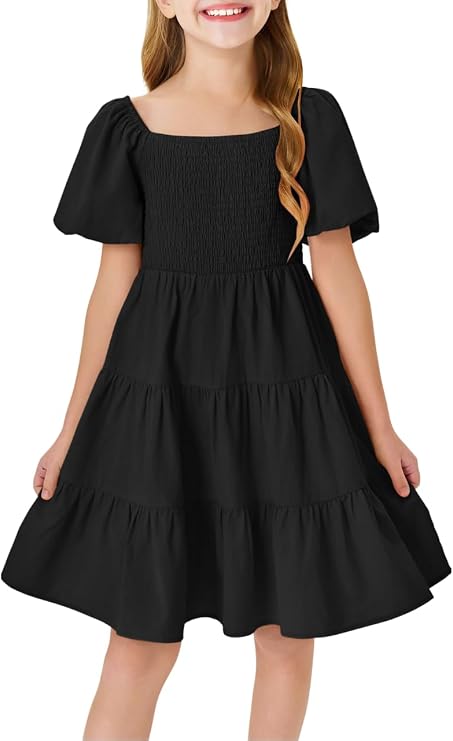 Batermoon Girls Boho Square Neck Puff Sleeve Off Shoulder Smocked Tiered Casual A Line Short Mini Dress