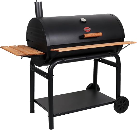 Char-Griller Outlaw Charcoal Grill and Smoker with Cast Iron Grates, Warming Rack, Premium Wood Shelves and 950 Cooking Square Inches in Black, Model 2137