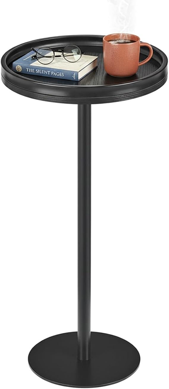 Black Industrial Martini Table,Round Drink Table,Modern Pedestal Side Table with Black Wood Grain Tray Top, Weighted Metal Base End Table for Living Room,Small Spaces,Next to Sofa, 24.7" Tall