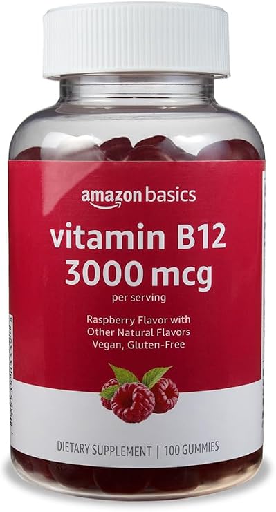 Amazon Basics Vitamin B12 3000 mcg Gummies, Normal Energy Production and Metabolism, Immune System Support, Raspberry, 100 Count (2 per Serving) (Previously Solimo)