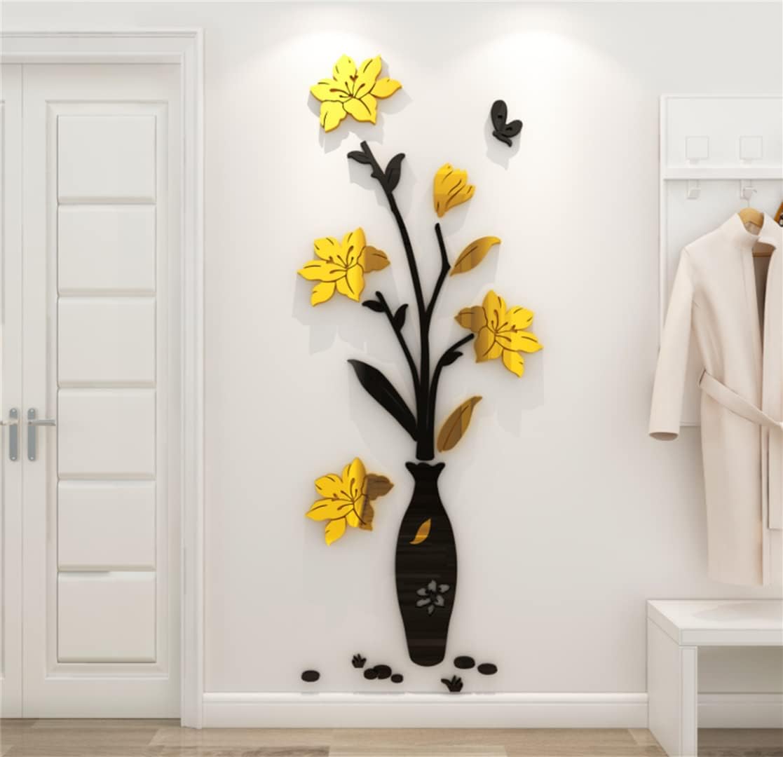 3D Flowers Wall Stickers Vase Mirror Wall Murals DIY Art Home Decor Decal Wallpaper for Living Room Bedroom TV Background Romantic Decoration Sticker