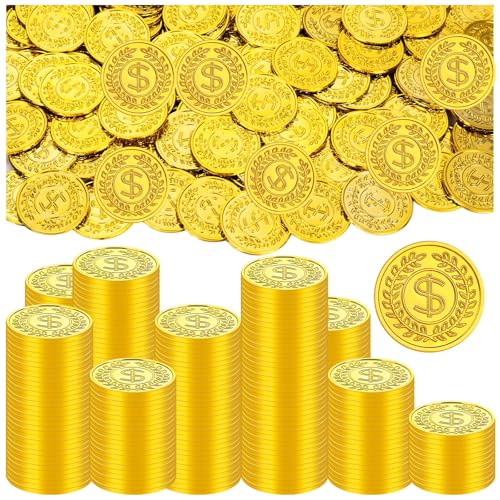 300 Pcs Plastic Gold Coins Treasure Pirate Fake Coins Carnival Halloween Party Favors 1.4 in Fake Money Pirate Party Decoration Birthday Adventure Themed Supplies