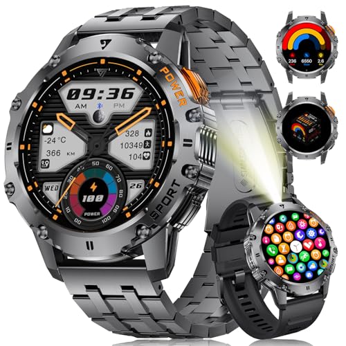 Military Smart Watch for Men with Flashlight5ATM Waterproof,1.43 AMOLED Tactical Smartwatch with 500mAh Battery,110 Sport Modes Fitness Tracker Smart Watch for Android iOS AnswerMake Call