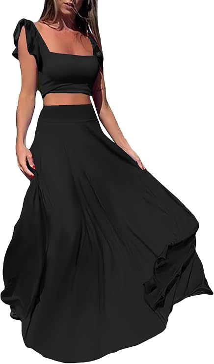 Vakkest Women Summer Sexy 2 Pieces Outfits Ruffle Tank Top Long Skirt Set | 2 Piece Skirt Sets for Women,Going Out Sets,Skirt and Top Set,Vacation,Beach,Boho Flowy Dress,Date Night Outfit