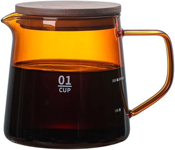Glass Coffee Server with Handle and Wooden Lid 10.1oz Small Glass Carafe Elegant Translucent Milk Creamer Pitcher Pour Over Coffee Beaker