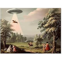 Haitunone UFO Funny Trippy Wall Art Victorian Unique Poster Landscape Oil Painting Canvas Prints for Living Room Bedroom Wall Decor 12X16 inch Unframed