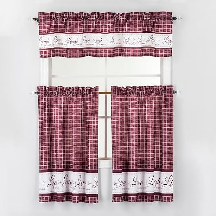 Decotex 3 Piece Live Love Laugh Gingham Check Plaid Kitchen Window Curtain Tiers and Valance Set Burgundy, 36 Tiers with 14 Valance