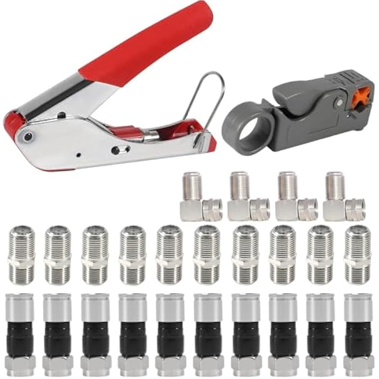 Coaxial Cable Crimping Tool Kit Coax Cable Crimper Tool  10PCS RG6 Compression Connectors  10PCS Coaxial Cable Extension Adapter with 4PCS RG6 F Type Female to Male Adapter