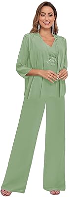 BONOYUER 3 Pieces Pant Suits for Women Dressy Wedding Lace V Neck Mother of The Bride Dresses with Jacket