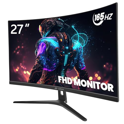 CRUA 27Inch 144Hz165Hz Curved Gaming Monitor, FHD 1080P VA Screen 1800R Curvature Computer Monitors, 1msGTG with FreeSync, Support Wall Mount InstallDisplayPort | HDMI- Black