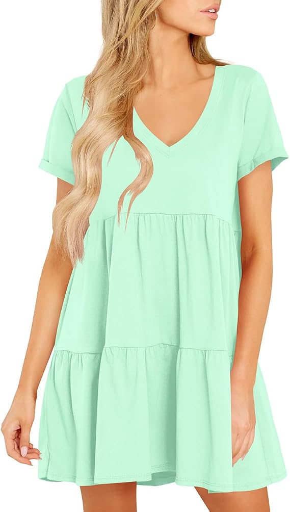 Cosonsen Womens Summer Casual Dresses 2025 Short Sleeve V-Neck Tshirt Dress Flowy Babydoll Dress