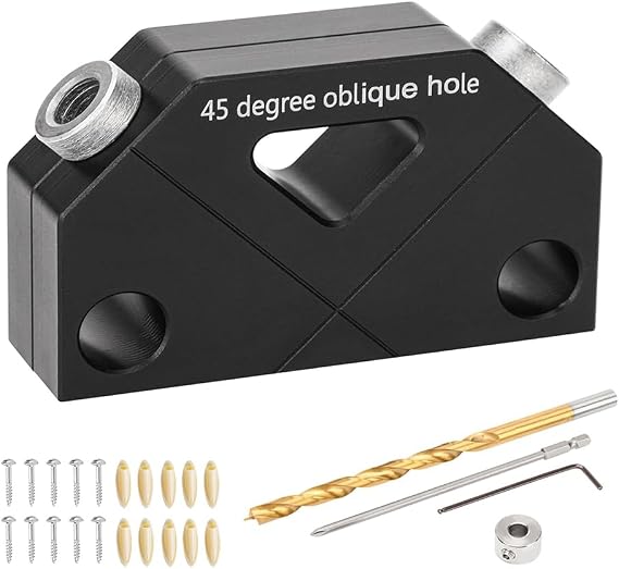 Dowel Jig for Angled Dowel Joints, Dowel Jig Kit with Drill Bit,Hex Key, Stop Ring, Plastic Pocket Hole Plug and Screws Dowel Jig Dowel Jig Kit 1Set