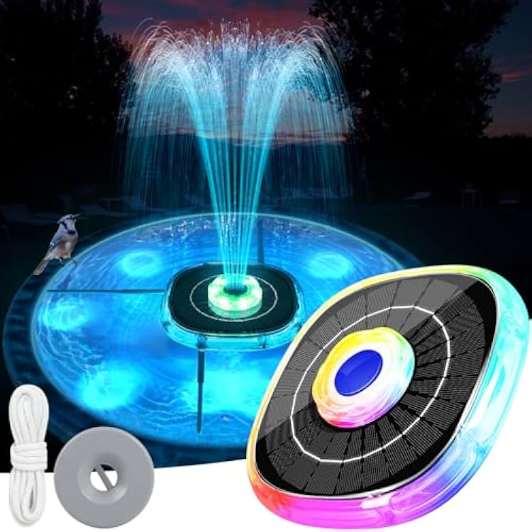 Solar Fountains with Lights, 2025 Upgrade Solar Bird Bath Fountain Pump, Floating Sola Water Fountain Outdoor,Solar Birdbath Fountains for Pool,Pond,Garden-Blue