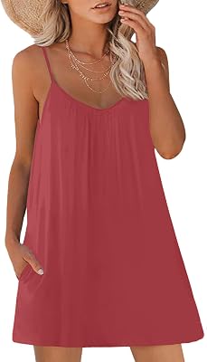 Womens Summer Casual Sleeveless Mini Dress Loose Spaghetti Strap Beach Dresses with Pockets