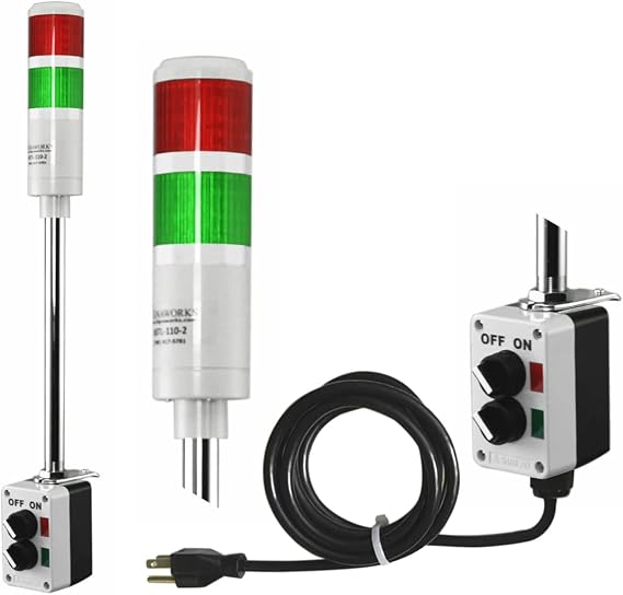 Signaworks 2 Stack LED Andon Tower Light, Off-Steady On, Red/Green, 8 ft Industrial Power Cord, Plug & Play Ready, 3 Prong Plug Meets OHSA Standard * Assembled in USA *