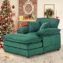 Oversized Convertible Chaise Lounge Chair Indoor, Corduroy Deep Seat Chair Bed Sleeper, 2 Layer Thicken Upholstered Sleeper Sofa with Ottoman & Pillows, 56.3" W Lounge Sofa Chair (Green)
