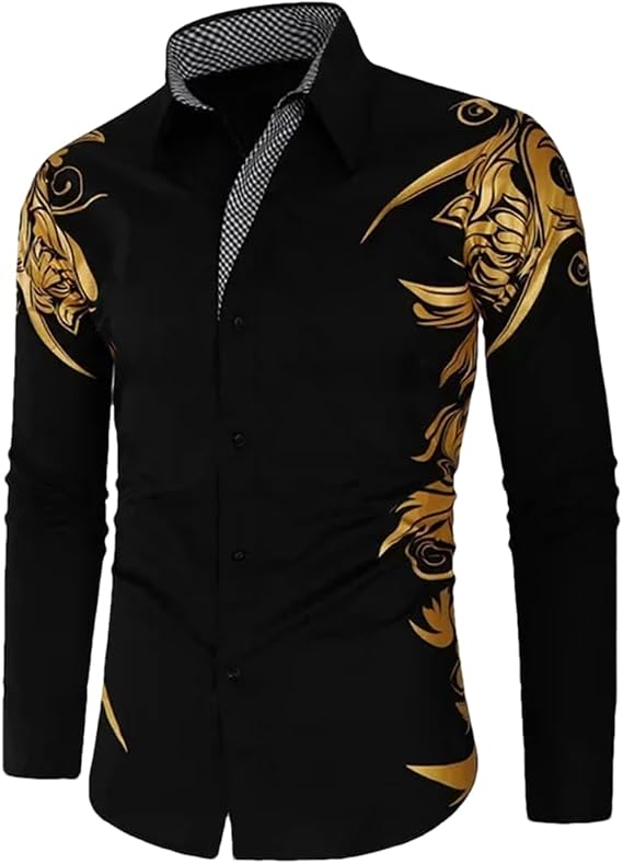 Men's Printed Dress Shirt Long Sleeve Button-Down Slim Fit Street Button T-Shirt