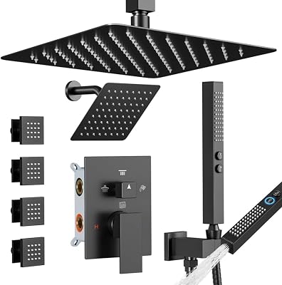 Shower System with Body Jets Matte Black, STARBATH 4 Way 126 Shower Faucet Sets Complete with 2 in 1 Handheld,Ceiling Mounted Rainfall Dual Shower Head with 4 Body Spray Jets, Shower Jets System
