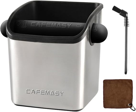 CAFEMASY Coffee Grounds Puck Knockbox Espresso Durable Stainless Steel Espresso Knock Box with Cleaning Brush Steam Wand Towels Espresso Accessories Tool Pack for Baristas