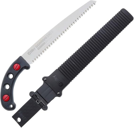 Silky Gomtaro 240 mm hand saw with straight blade 8 teeth 30 mm each made of premium Japanese steel nickel-coated for precise cuts in fresh wood including safe quiver and rubber handle