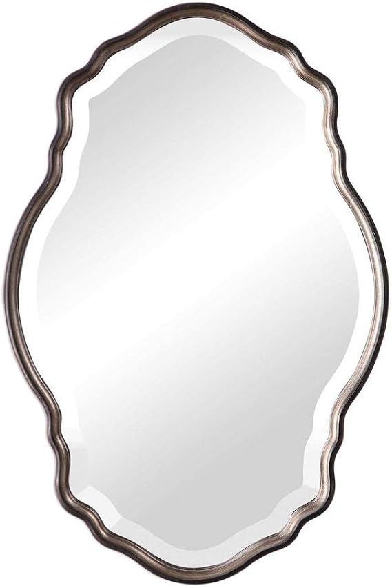 Spinner Norris Antique Silver Champagne Mirror | Oval Wall Mirror Finished in Antiqued Silver Champagne with Dark Bronze Outer Edge (22 W x 33 H x 1 D Oval Mirror)