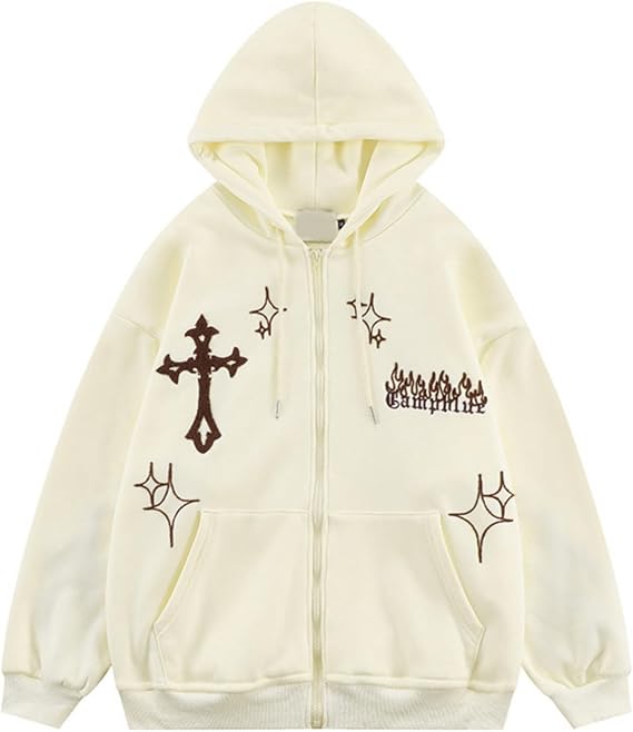 Unisex Zip Up Hoodies Y2k Flame Print Aesthetic Oversized Sweatshirt Vintage Graphic Jackets Streetwear