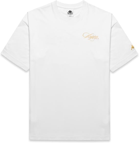 Kappa Men's Authentic Norda Oversized T-Shirt 100% Organic Cotton, Gold Script Logo Print, Crew Neck White