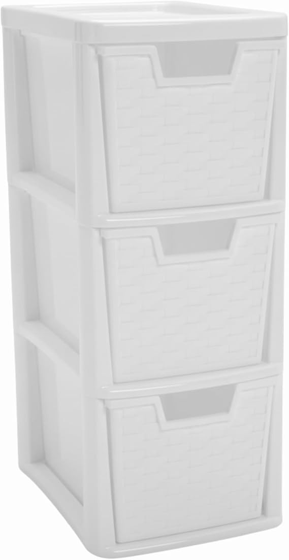 Medium Rattan Effect Drawer Storage Unit Plastic Tower with Spacious Drawers for Home Office Bedroom Living Room Organisation Durable Stylish Design (Rattan White, 3 Tier)