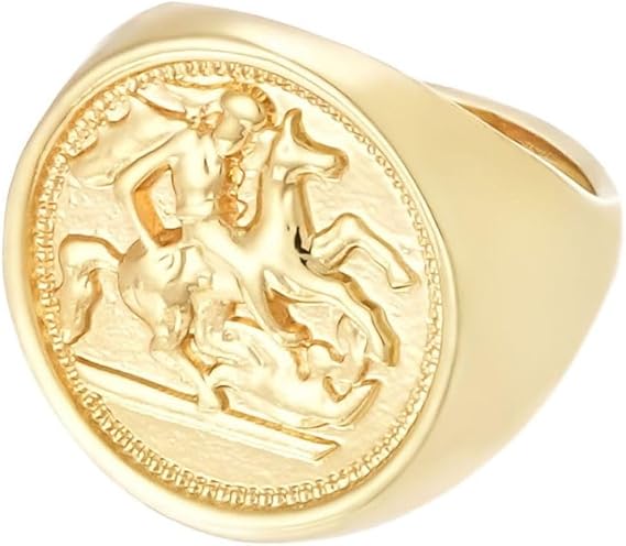 Solid St. George Dragon Slayer,Gold Sovereign Signet Ring for Men Religious Amulet Ring, Religious Jewelry Mens Christian Gift