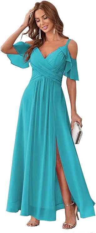 UZN Women's Chiffon Cold Shoulder Bridesmaids Dresses Long with Slit Formal Party Dress for Junior