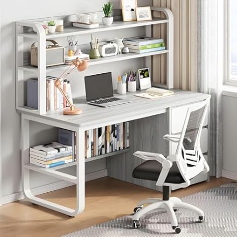 (en:Modern Home Office Desk Chair Set, Rectangular Study Table with 3-Drawer and Storage Shelves, Wheeled Chairs Computer Desk Work Table, Grey, 39.5" L x 19" W x 56.5" H)