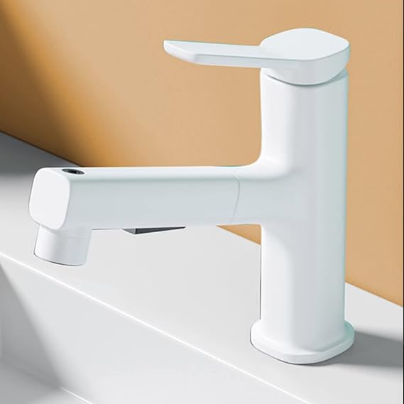 Bathroom Faucet with Pull Out Sprayer,Single Hole Sink 3 Modes,Brass Handle for Hot and Cold Water Vanity Basin,White(Gun Gray)