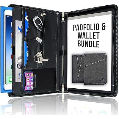 STYLIO Zippered Padfolio Binder Black and Slim Leather Wallet Black Bundle. Perfect for Documents, iPadTablet, Notepad, Business Cards, Credit Cards, ID Cards and Bills. Great Gift Bundle.