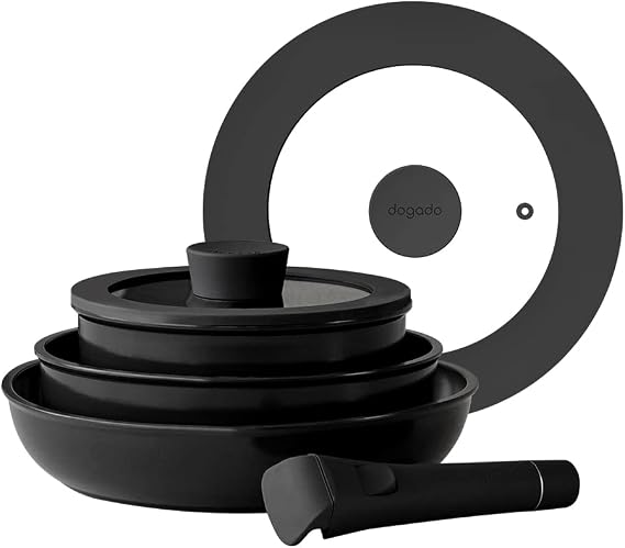 Organic Cookware Set, Non-Stick Ceramic, 6-Piece Stackable Pots and Pans with Removable Handles, Granite Grey
