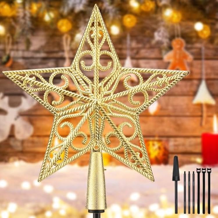 Christmas Tree Topper, Xmas Gold Hollow Star Tree Topper Christmas Decorations, Theme Party Decor, Indoor Home Decor